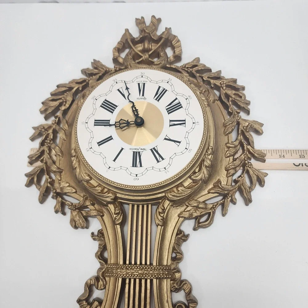 Vintage New Haven Burwood Gold Lyre Wall Clock Quartz USA Hollywood Regency